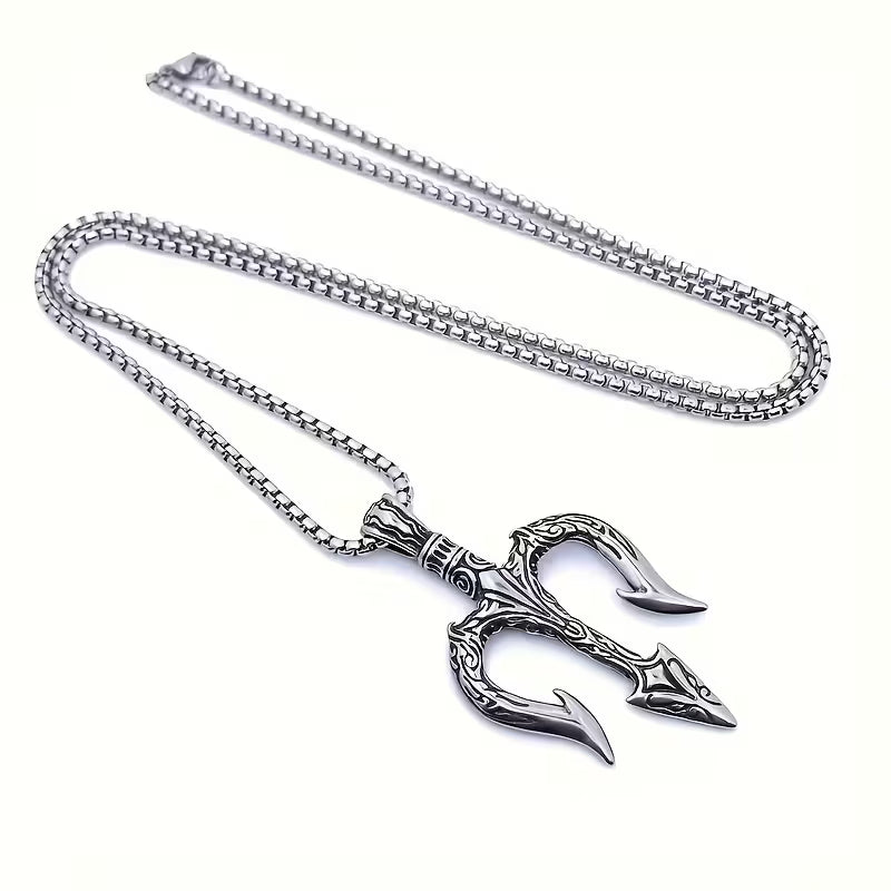 Collier Pendentif Trident Poseidon en Argenté Style Viking Nordique Tendance Classique pour Homme