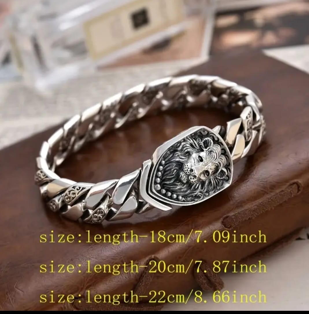 Bracelet Homme avec Pendentif Tête de Lion – Style Vintage Punk Rock, Chaîne Cubaine en Cuivre