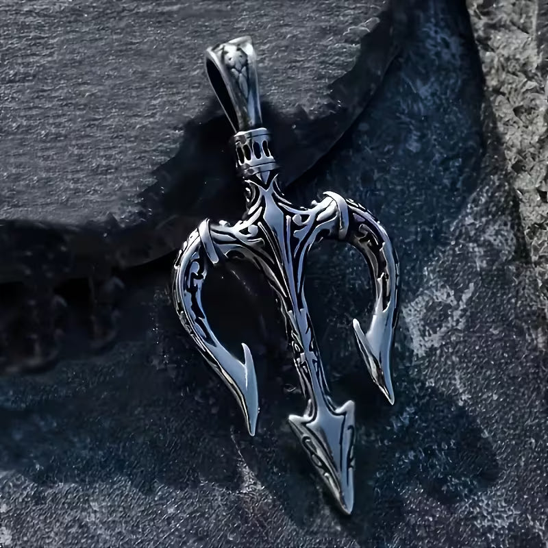Collier Pendentif Trident Poseidon en Argenté Style Viking Nordique Tendance Classique pour Homme