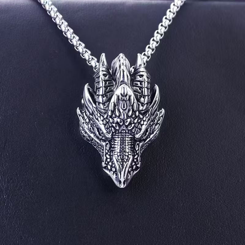 Collier pendentif tête de dragon en acier inoxydable
