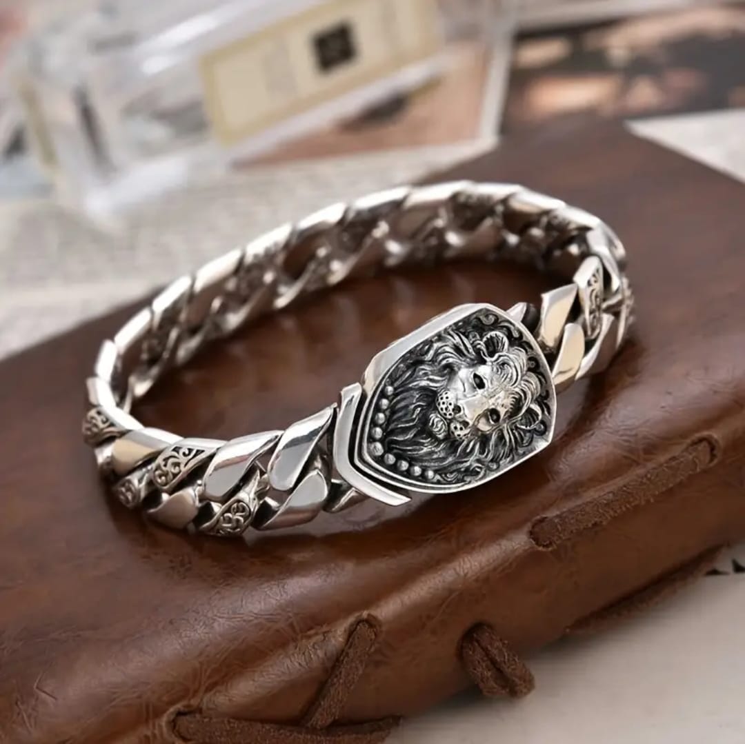 Men's Bold Lion Pendant Bracelet – Vintage Punk Rock, Copper Cuban Chain