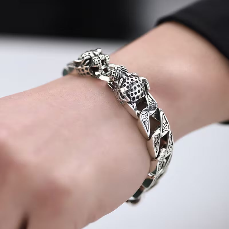 Bracelet Rétro pour Homme en Chaîne Viking  avec Double Tête de Léopard