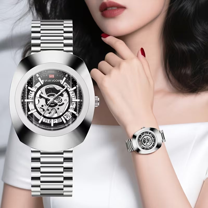 VA VA VOOM Montre de Luxe Style Ovale Doré-Neutre pour Hommes & Femmes, Bracelet en Acier Inoxydable, Mouvement à Quartz, Cadeau Idéal pour Anniversaires et Fêtes, Montre Élégante