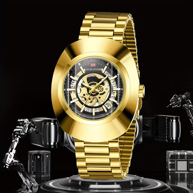 VA VA VOOM Montre de Luxe Style Ovale Doré-Neutre pour Hommes & Femmes, Bracelet en Acier Inoxydable, Mouvement à Quartz, Cadeau Idéal pour Anniversaires et Fêtes, Montre Élégante