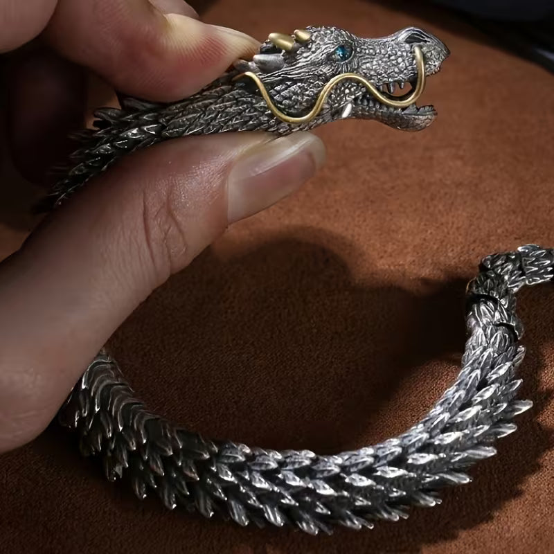 Bracelet Tête de Dragon en 3D Fait Main pour Hommes - Échelle et Détails de Crocs Intricats, Finition Métallique, Bijoux en Métal Durables pour le Quotidien, Soirées, Cadeaux - Accessoire Déclaration Audacieuse