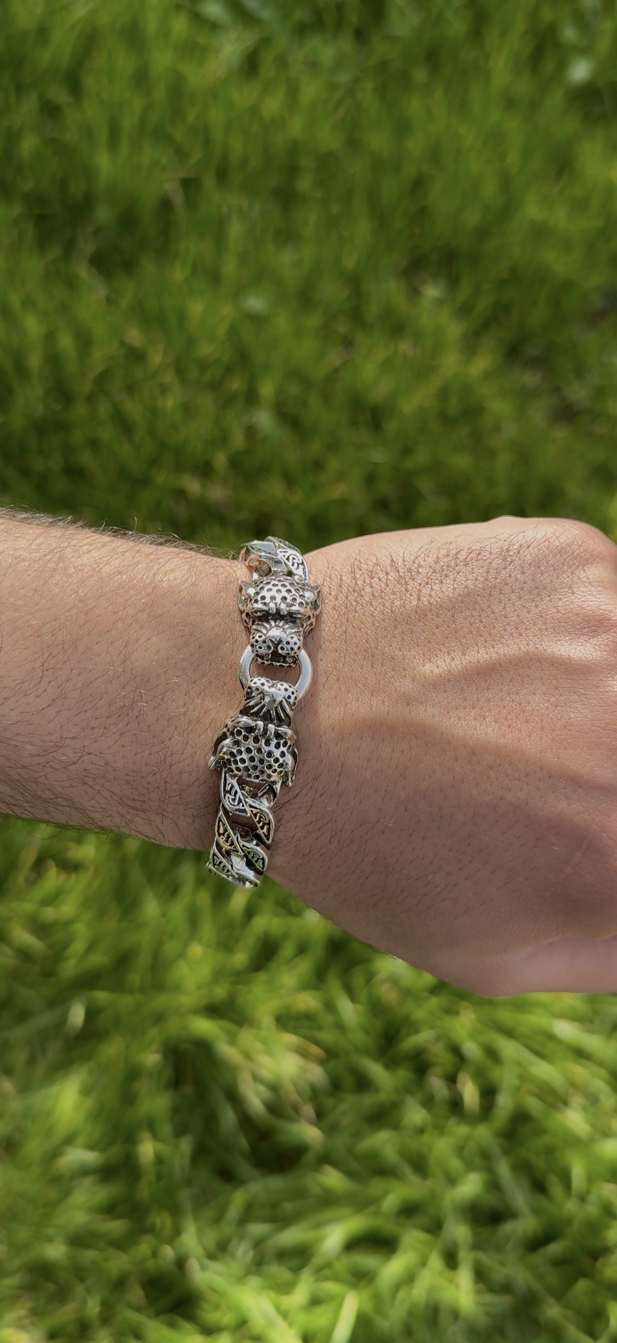 Bracelet Rétro pour Homme en Chaîne Viking  avec Double Tête de Léopard