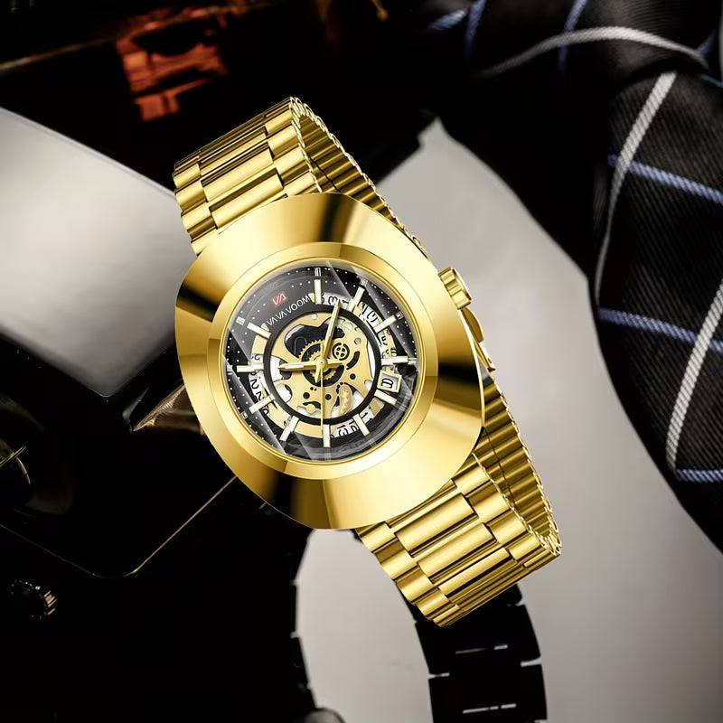 VA VA VOOM Montre de Luxe Style Ovale Doré-Neutre pour Hommes & Femmes, Bracelet en Acier Inoxydable, Mouvement à Quartz, Cadeau Idéal pour Anniversaires et Fêtes, Montre Élégante