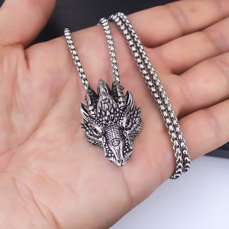 Collier pendentif tête de dragon en acier inoxydable