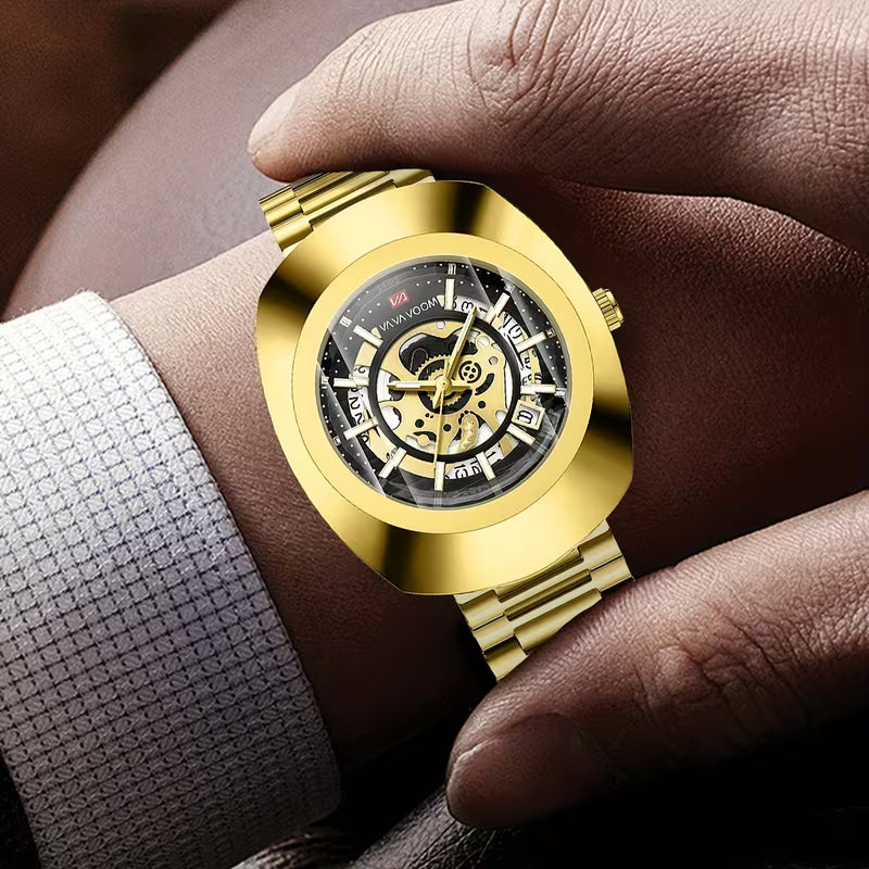 VA VA VOOM Montre de Luxe Style Ovale Doré-Neutre pour Hommes & Femmes, Bracelet en Acier Inoxydable, Mouvement à Quartz, Cadeau Idéal pour Anniversaires et Fêtes, Montre Élégante